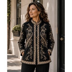Soft‎ Surroundings Vintage 100% Wool Floral Embroidered Jacket Cardigan Black XS